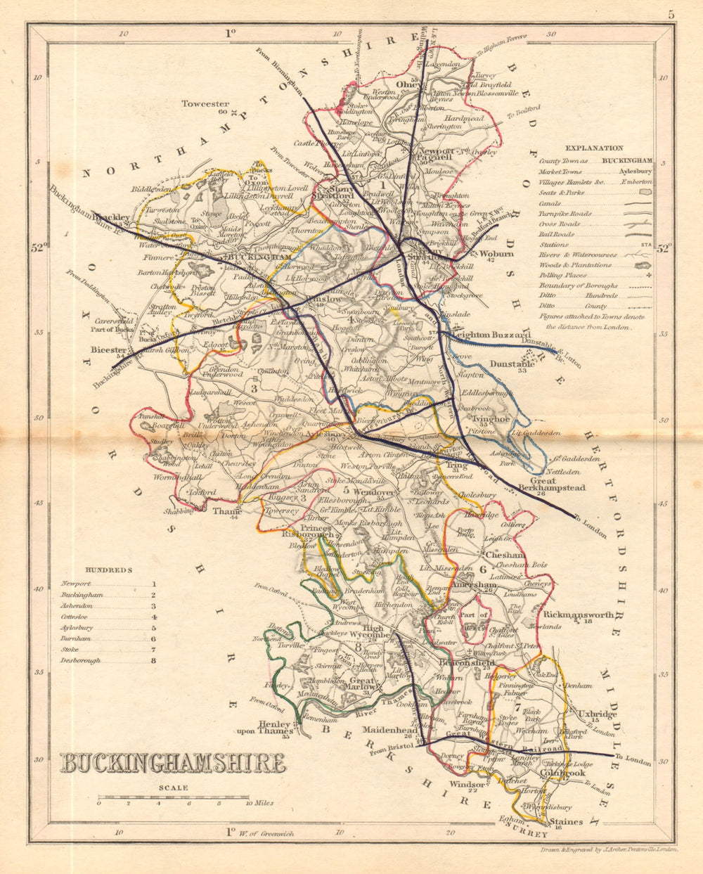 BUCKINGHAMSHIRE county map. ARCHER & DUGDALE. Seats canals polling places 1845