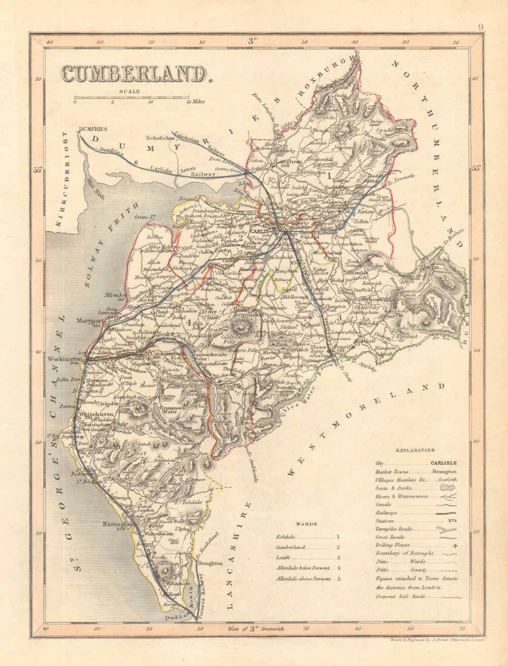 CUMBERLAND county map by ARCHER & DUGDALE. Cumbria. Lake District. Seats 1845