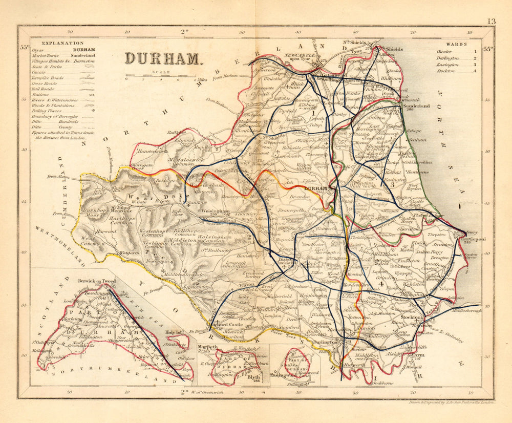DURHAM county map w/ exclaves. ARCHER & DUGDALE. Seats polling places 1845
