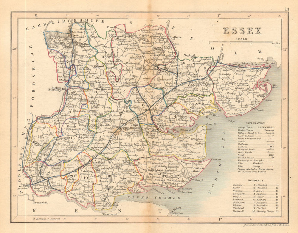 ESSEX county map by ARCHER & DUGDALE. Seats canals polling places 1845 old