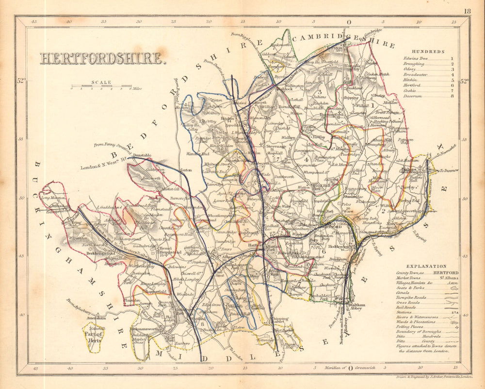 HERTFORDSHIRE county map by ARCHER & DUGDALE. Seats canals polling places 1845
