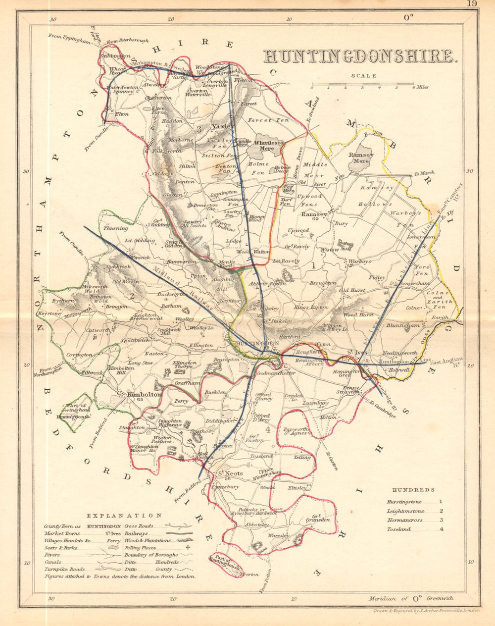 HUNTINGDONSHIRE county map. ARCHER & DUGDALE. Seats canals polling places 1845