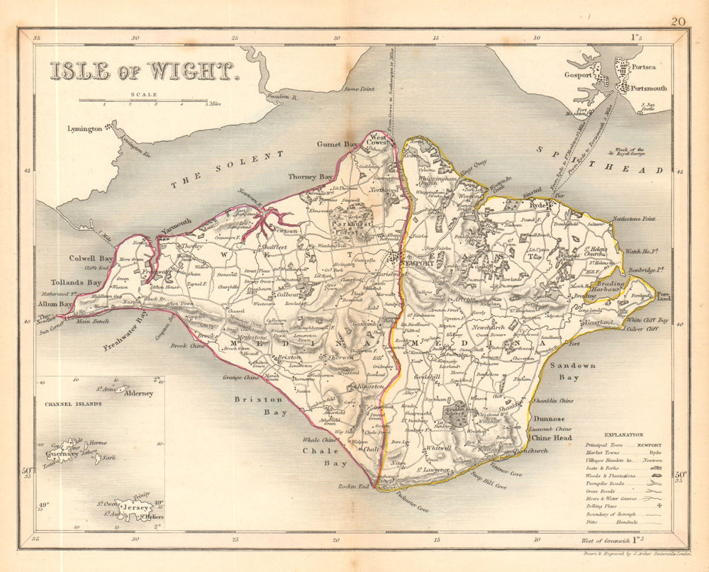 ISLE OF WIGHT map by ARCHER & DUGDALE. Seats polling places 1845 old