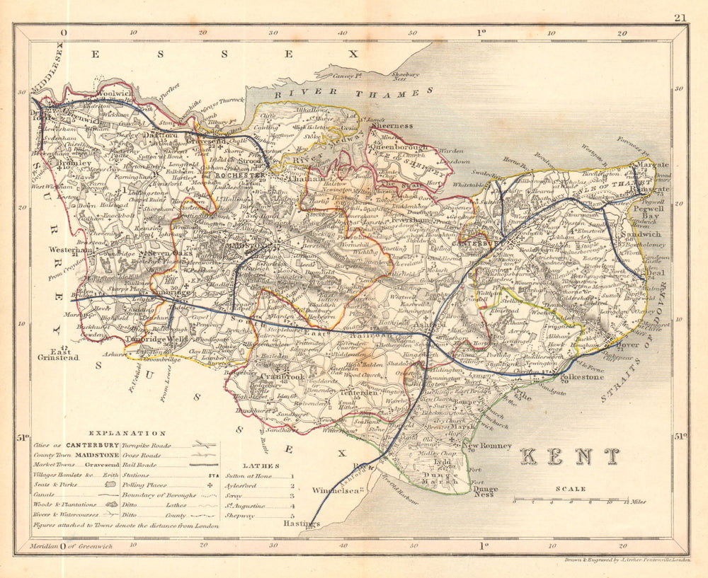 KENT map by ARCHER & DUGDALE. Seats canals polling places 1845 old antique