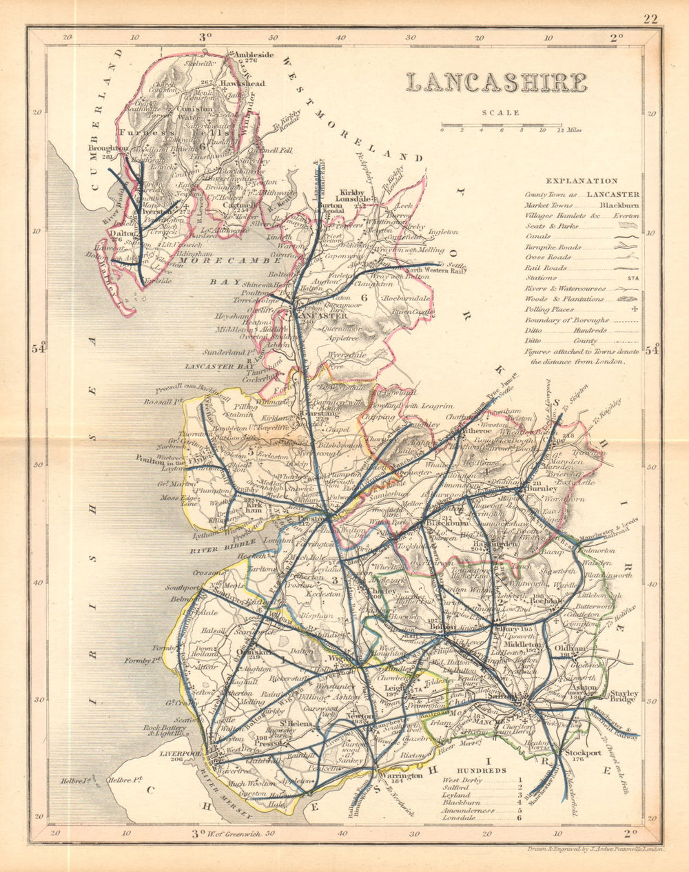 LANCASHIRE map by ARCHER & DUGDALE. Seats canals polling places 1845 old