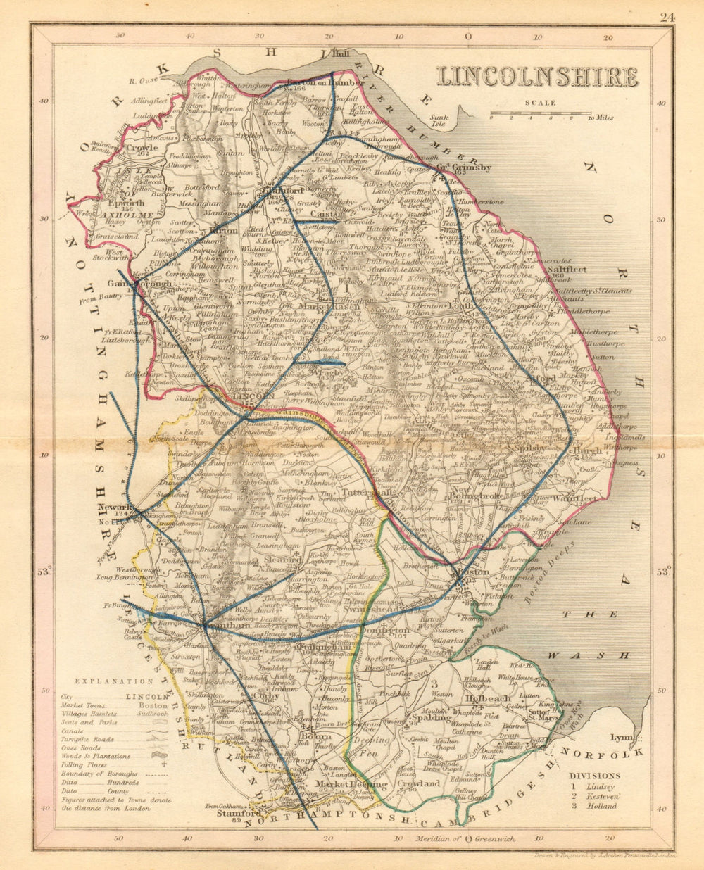 LINCOLNSHIRE map by ARCHER & DUGDALE. Seats canals polling places 1845 old