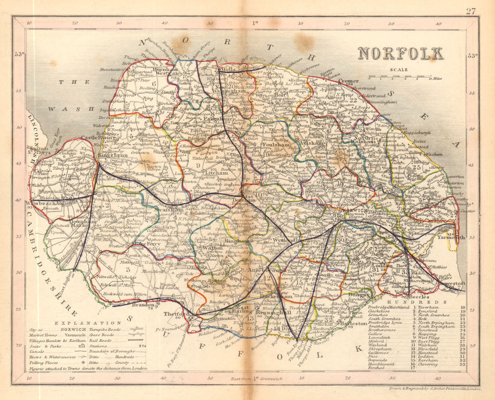 NORFOLK map by ARCHER & DUGDALE. Seats canals polling places 1845 old