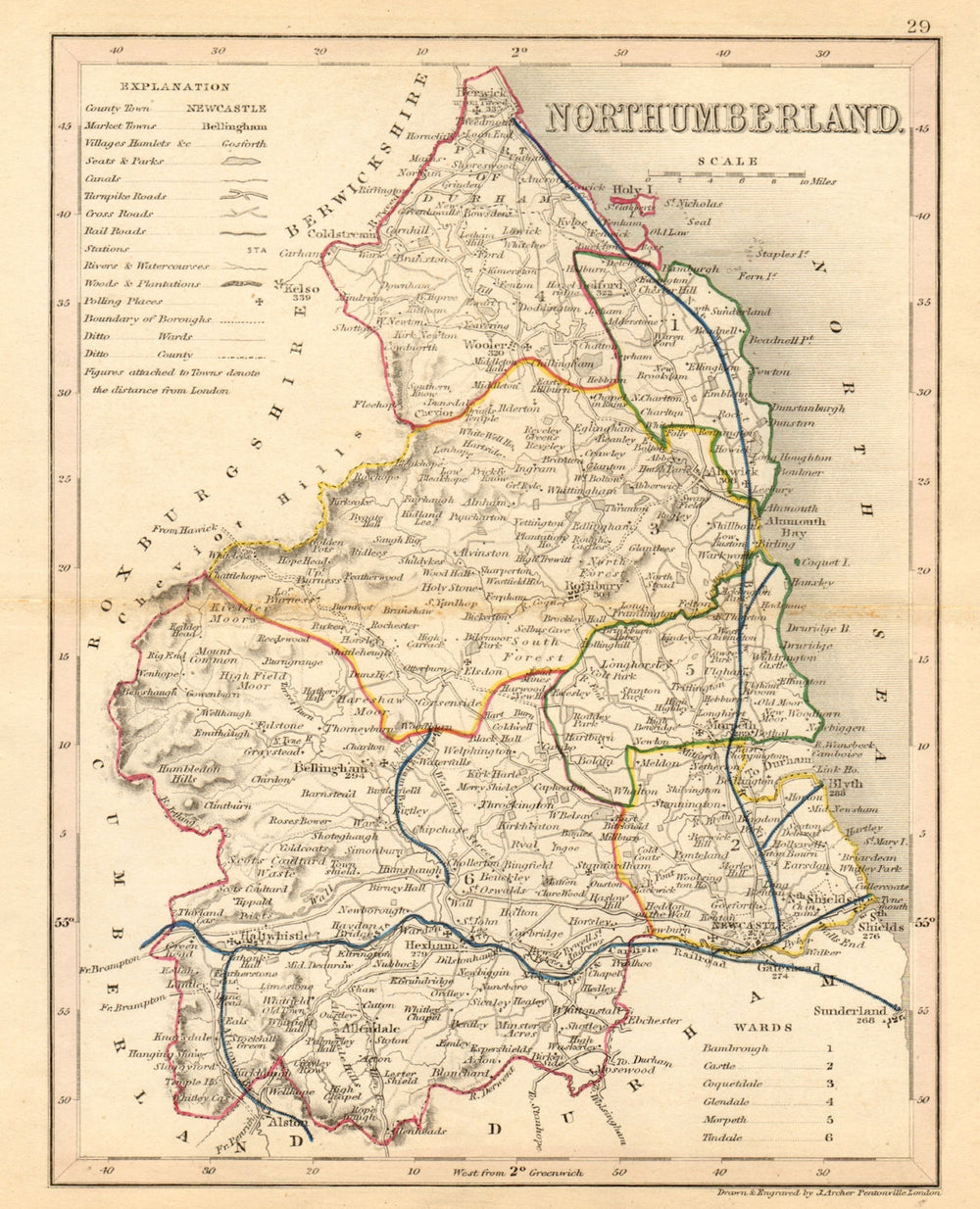 NORTHUMBERLAND map by ARCHER & DUGDALE. Seats canals polling places 1845