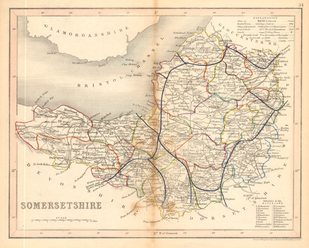 SOMERSETSHIRE county map by ARCHER & DUGDALE. Seats canals polling places 1845