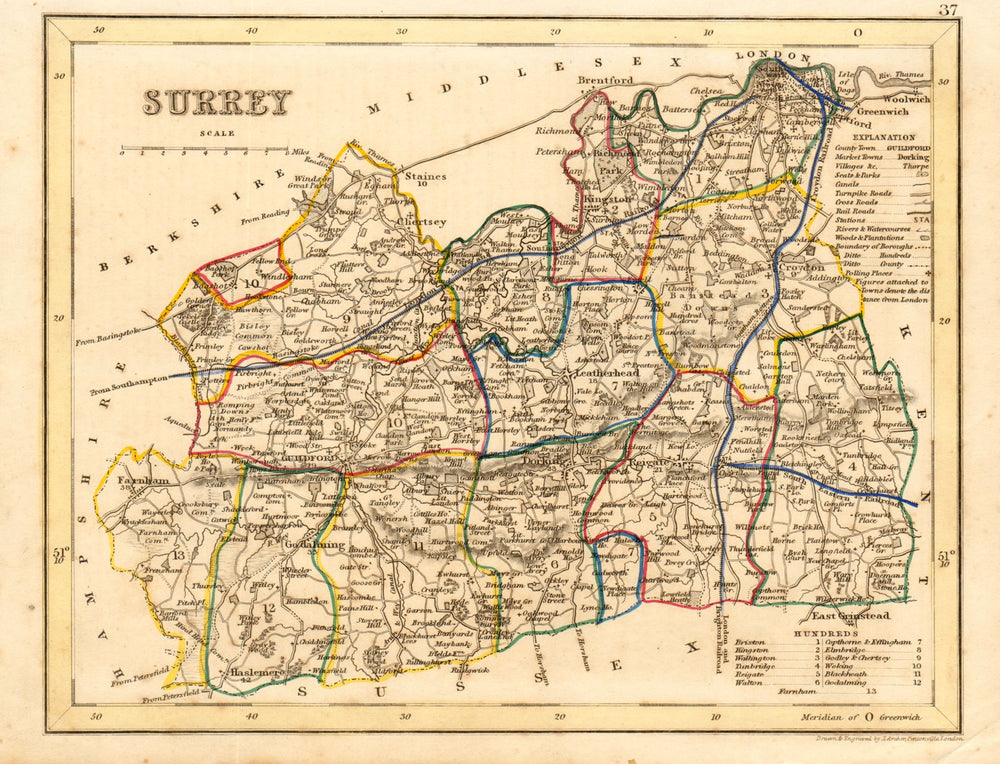 SURREY county map by ARCHER & DUGDALE. Seats canals polling places 1845