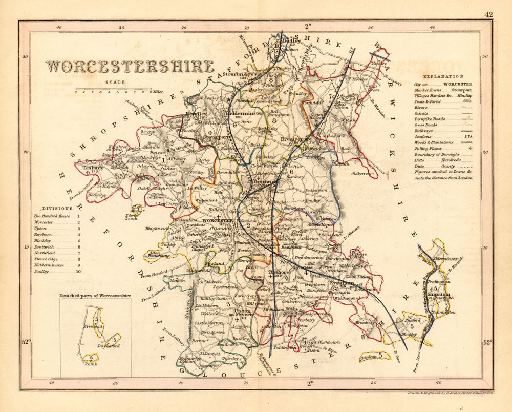 WORCESTERSHIRE county map. ARCHER & DUGDALE. Seats canals polling places 1845