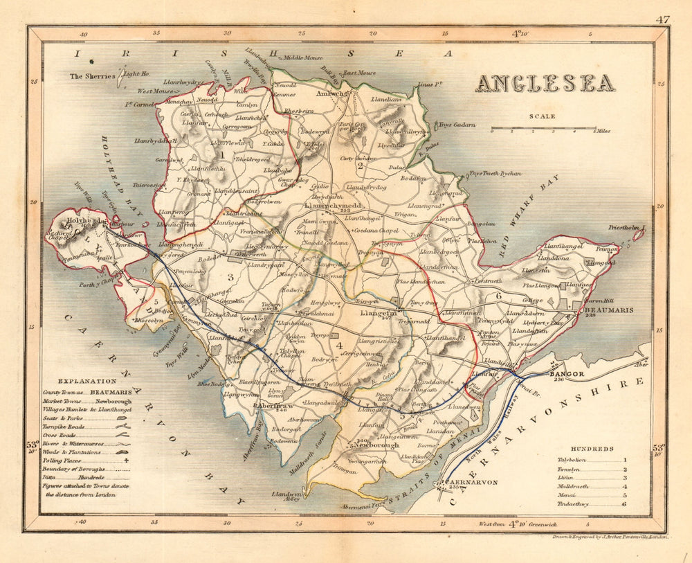 ANGLESEA county map by ARCHER & DUGDALE. Seats polling places 1845 old