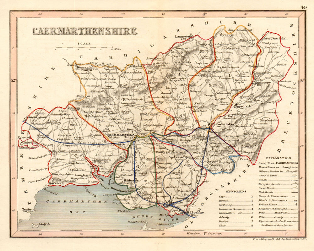 CAERMARTHENSHIRE county map by ARCHER & DUGDALE. Carmarthenshire. Seats 1845