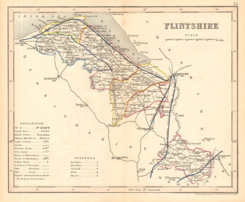 FLINTSHIRE county map by ARCHER & DUGDALE. Seats canals polling places 1845