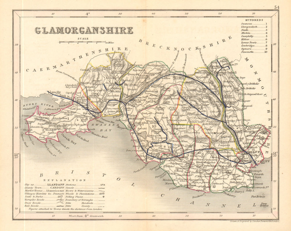 GLAMORGANSHIRE county map by ARCHER & DUGDALE. Seats canals polling places 1845