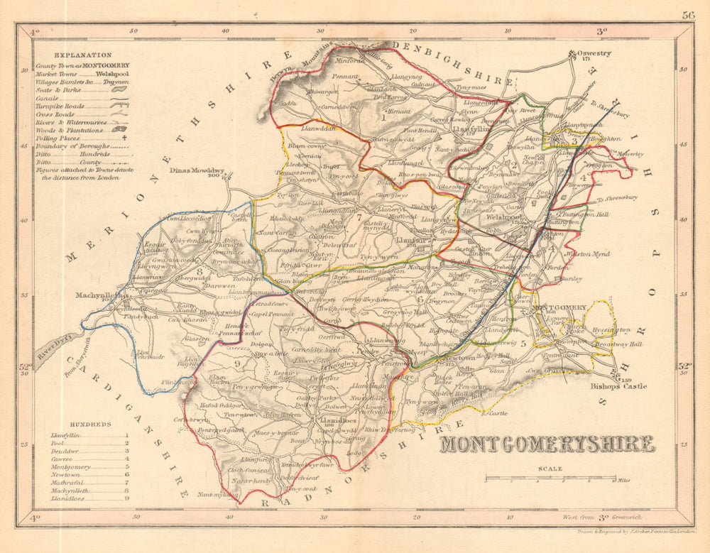 MONTGOMERYSHIRE county map by ARCHER & DUGDALE. Seats canals polling places 1845