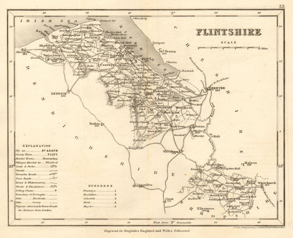 FLINTSHIRE county map by DUGDALE/ARCHER. Seats canals polling places 1845