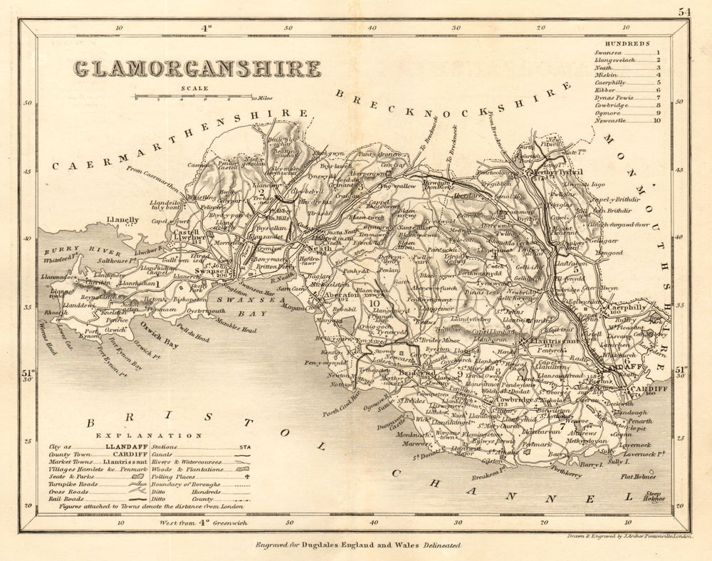 GLAMORGANSHIRE county map by DUGDALE/ARCHER. Seats canals polling places 1845