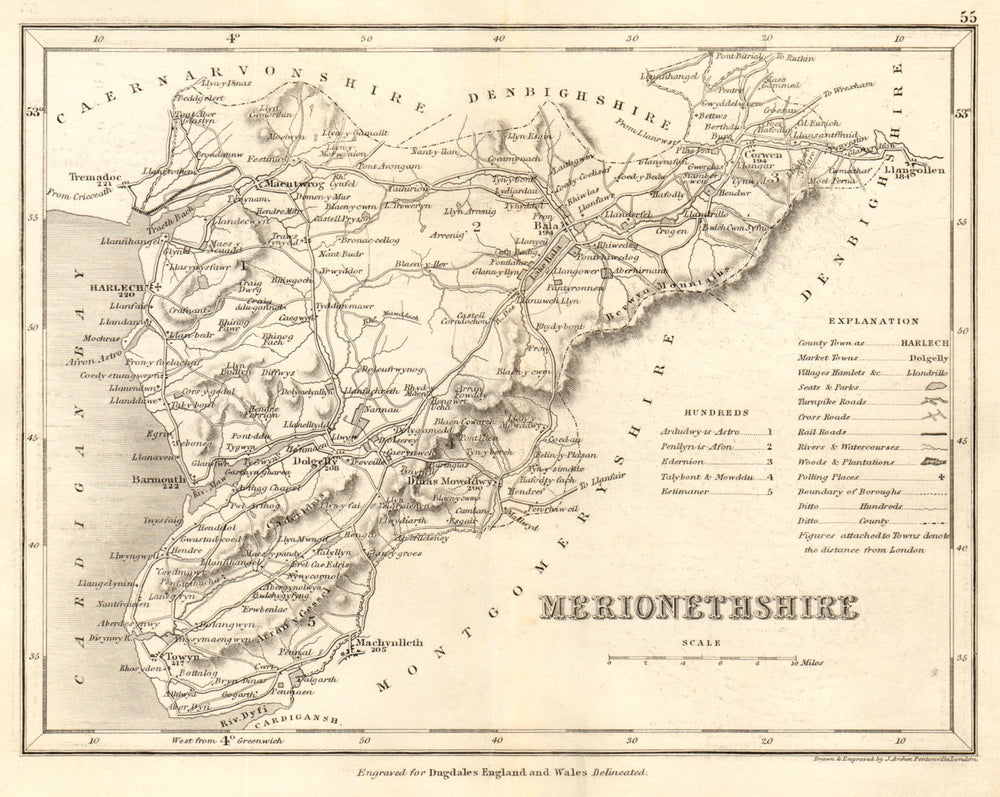 MERIONETHSHIRE county map by DUGDALE/ARCHER. Seats canals polling places 1845