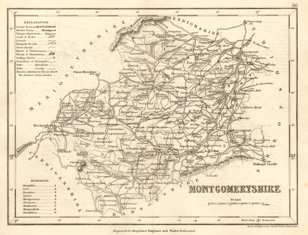 MONTGOMERYSHIRE county map by DUGDALE/ARCHER. Seats canals polling places 1845