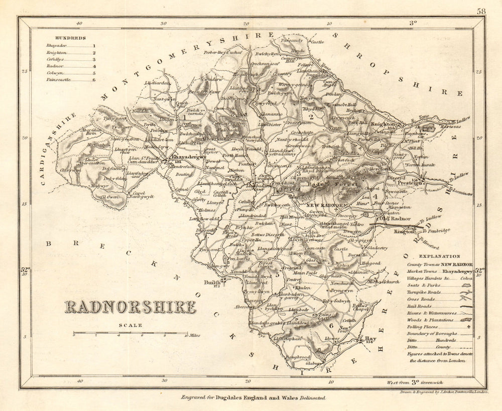 RADNORSHIRE county map by DUGDALE/ARCHER. Seats canals polling places 1845
