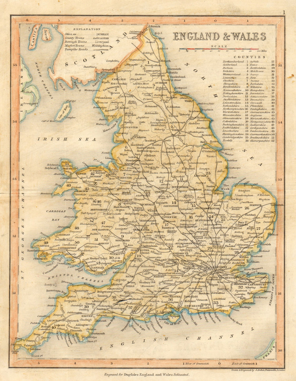 ENGLAND & WALES Roads by ARCHER & DUGDALE c1845 old antique map plan chart