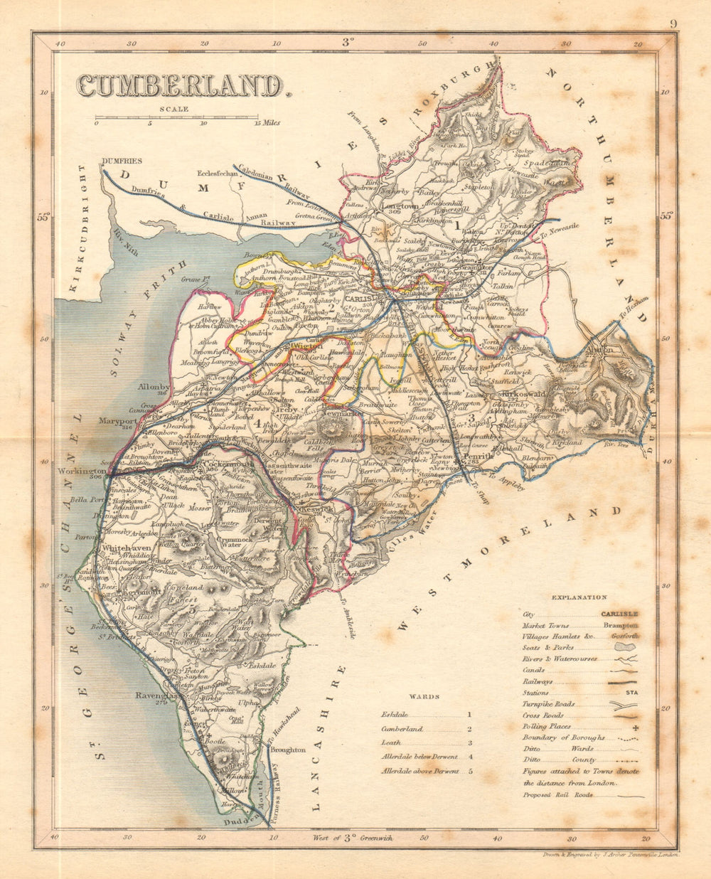 CUMBERLAND county map by ARCHER & DUGDALE. Cumbria. Lake District. Seats c1845