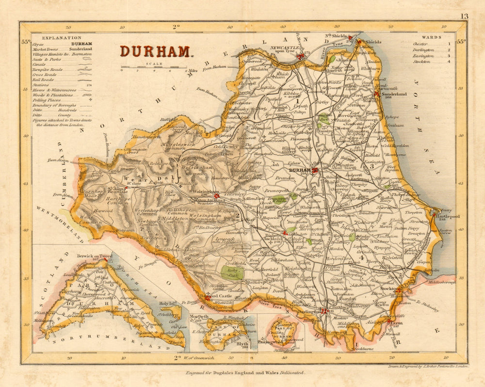 DURHAM county map w/ exclaves. ARCHER & DUGDALE. Polling places seats c1845