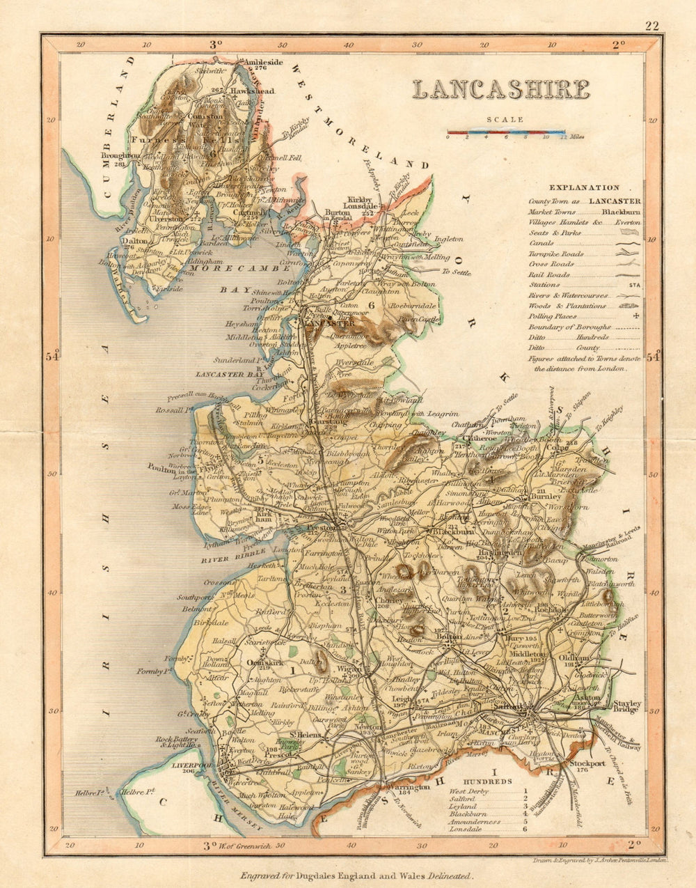 LANCASHIRE map by ARCHER & DUGDALE. Seats canals polling places c1845 old