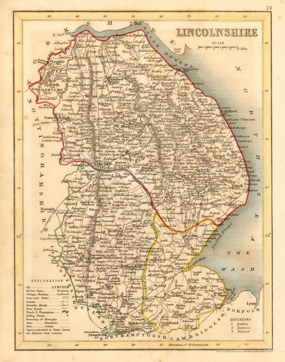 LINCOLNSHIRE map by ARCHER & DUGDALE. Seats canals polling places c1845