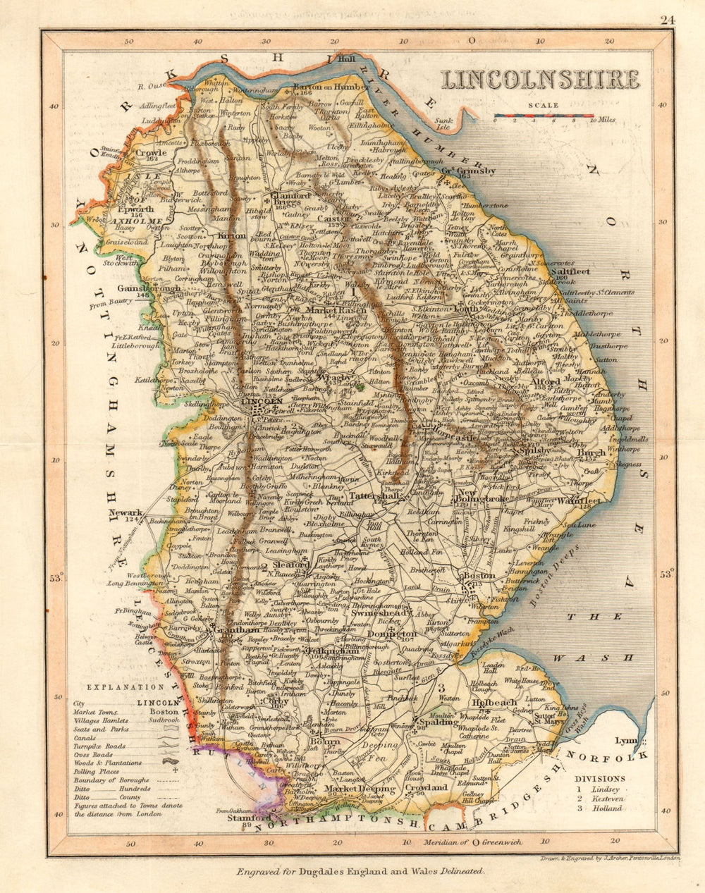 LINCOLNSHIRE map by ARCHER & DUGDALE. Canals seats polling places c1845