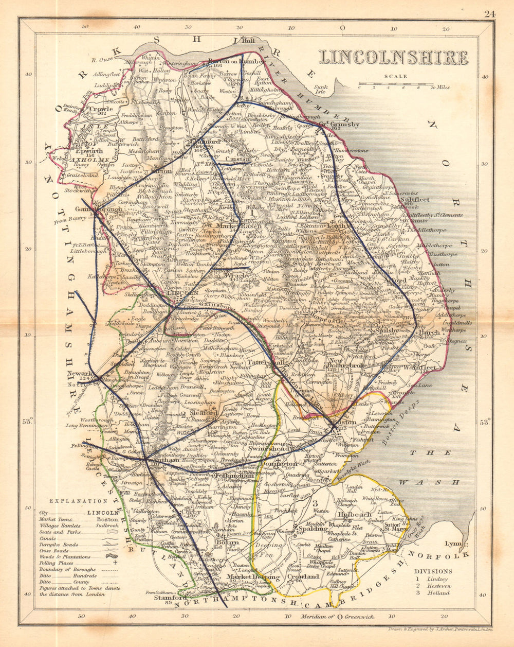 LINCOLNSHIRE map by ARCHER & DUGDALE. Seats polling places canals c1845