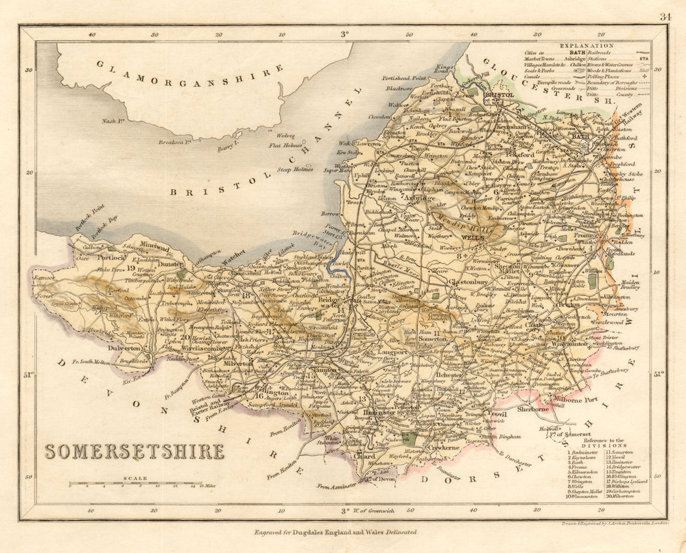 SOMERSETSHIRE county map by ARCHER & DUGDALE. Seats canals polling places c1845
