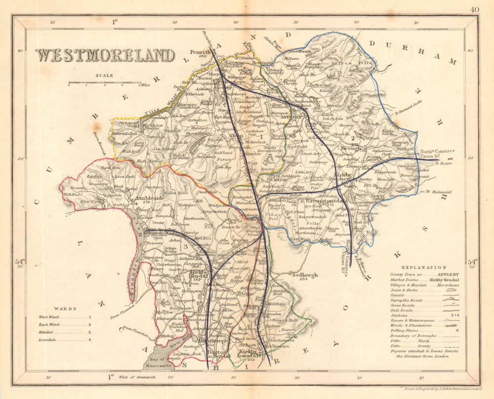 WESTMORELAND county map by ARCHER & DUGDALE. Lake District. Canals seats c1845