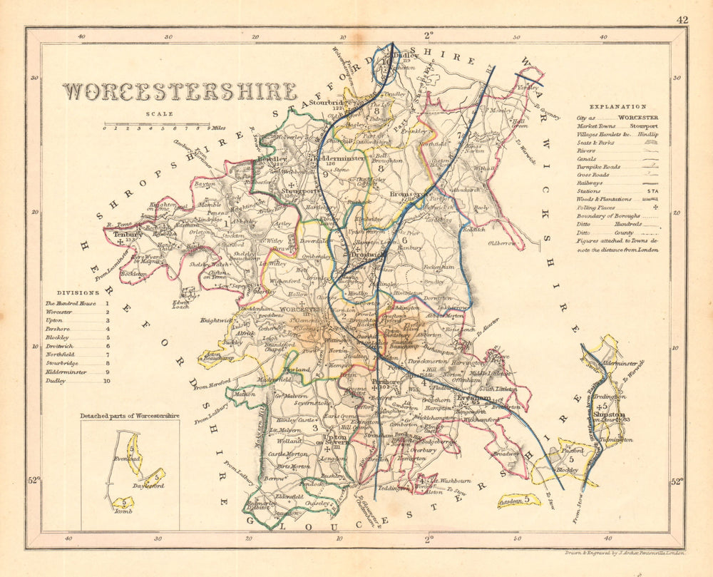 WORCESTERSHIRE county map. ARCHER & DUGDALE. Seats canals polling places c1845