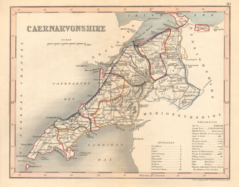 CAERNARVONSHIRE county map by ARCHER & DUGDALE. Caernarfonshire. Seats c1845
