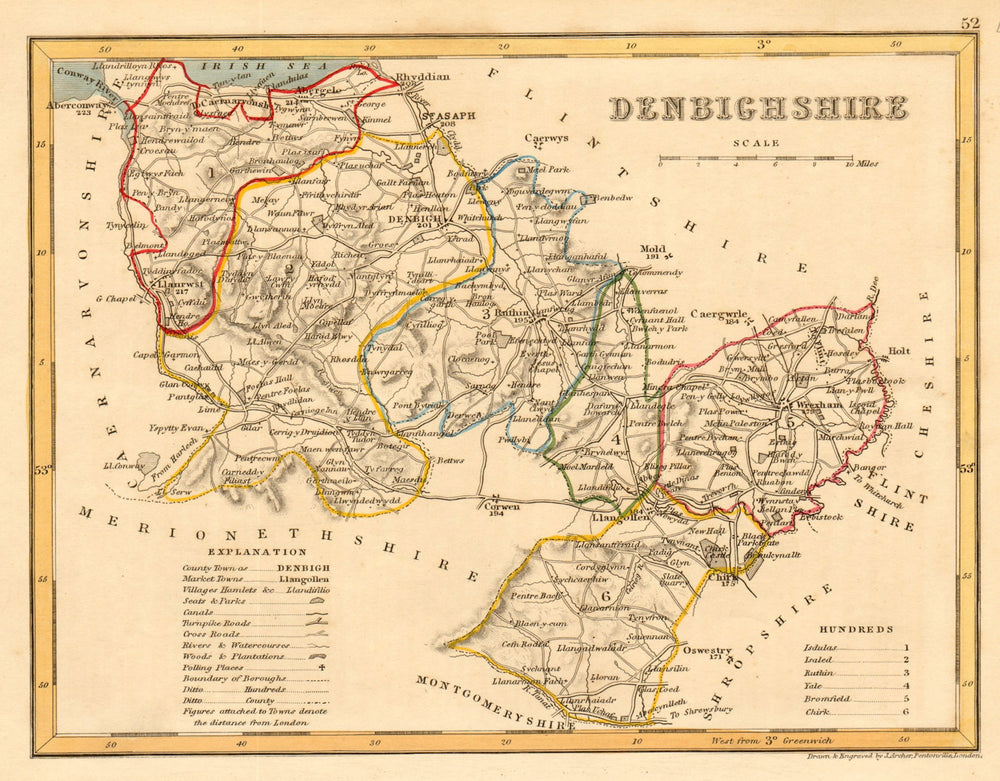 DENBIGHSHIRE county map by ARCHER & DUGDALE. Seats polling places canals c1845