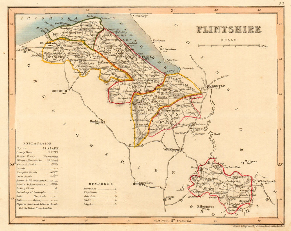 FLINTSHIRE county map by ARCHER & DUGDALE. Seats canals polling places c1845