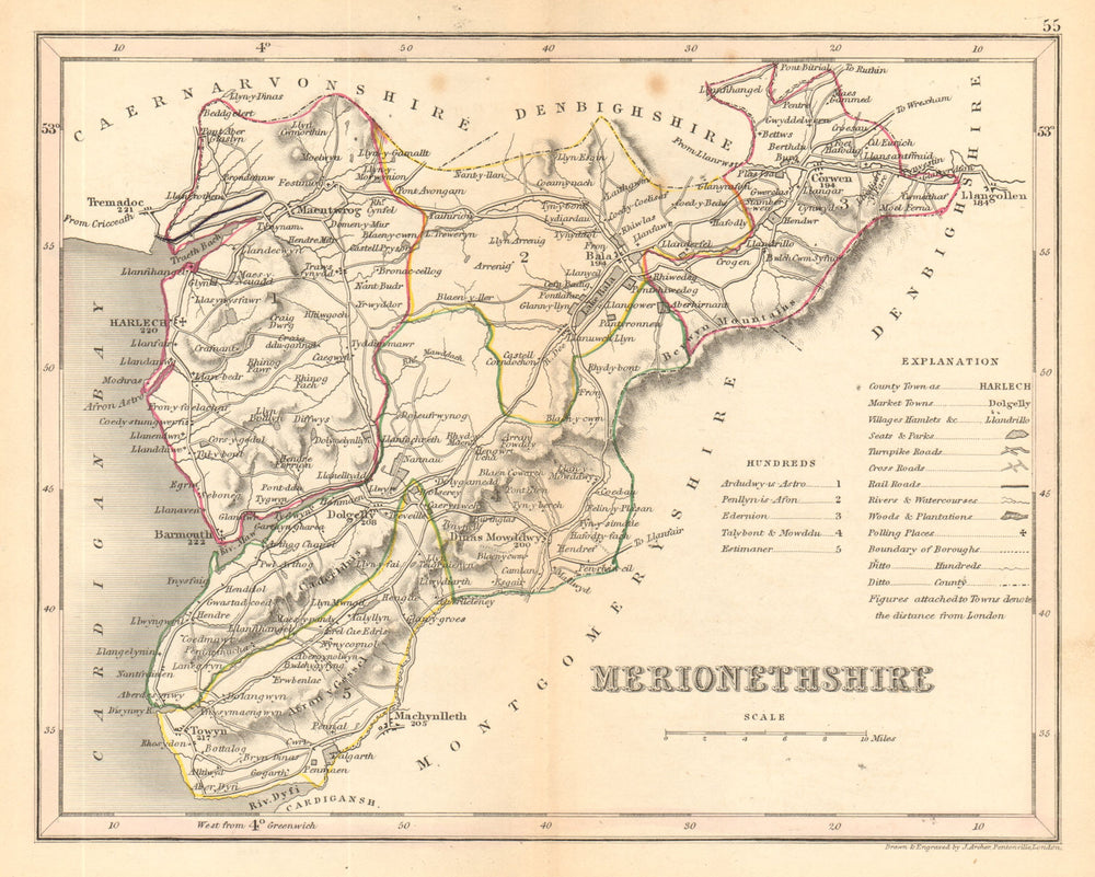 MERIONETHSHIRE county map by ARCHER & DUGDALE. Seats canals polling places c1845