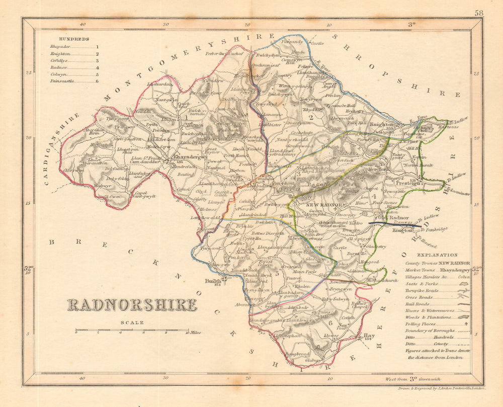 RADNORSHIRE county map by ARCHER & DUGDALE. Seats canals polling places c1845