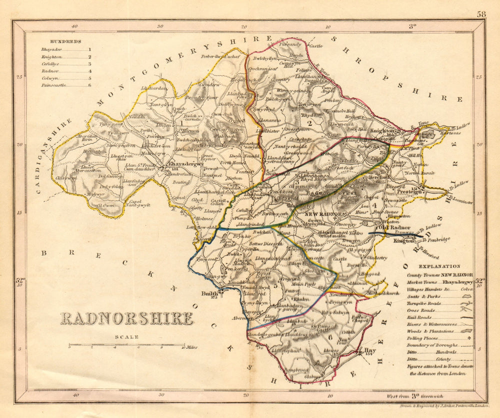 RADNORSHIRE county map by ARCHER & DUGDALE. Seats polling places canals c1845