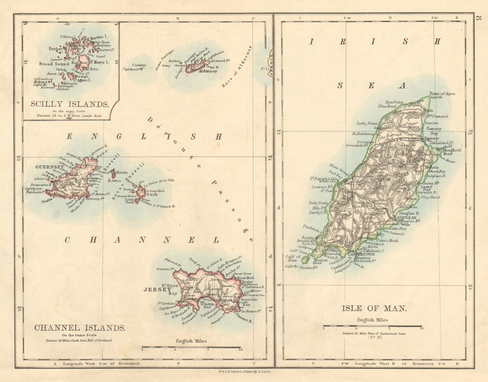 BRITISH ISLANDS Isle of Man Channel Islands Jersey Guernsey JOHNSTON 1892 map