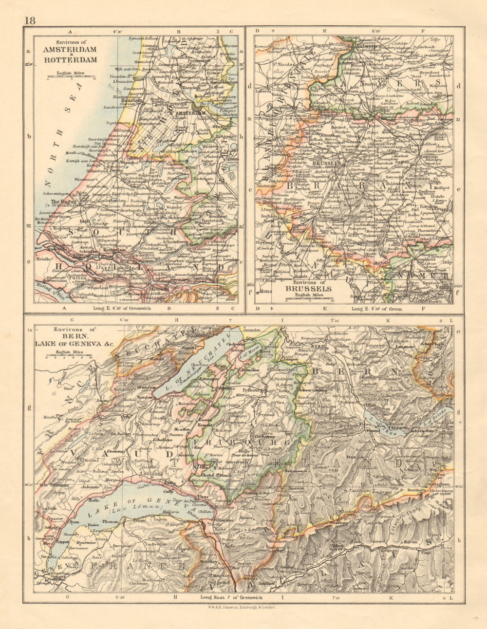 BENELUX/SWITZERLAND Amsterdam Rotterdam Brussel environs JOHNSTON 1892 old map