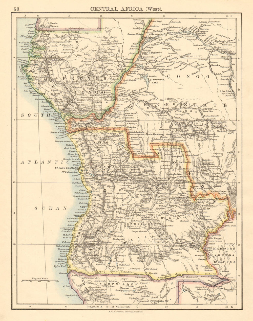 COLONIAL CENTRAL AFRICA French Congo Free State Angola JOHNSTON 1892 old map