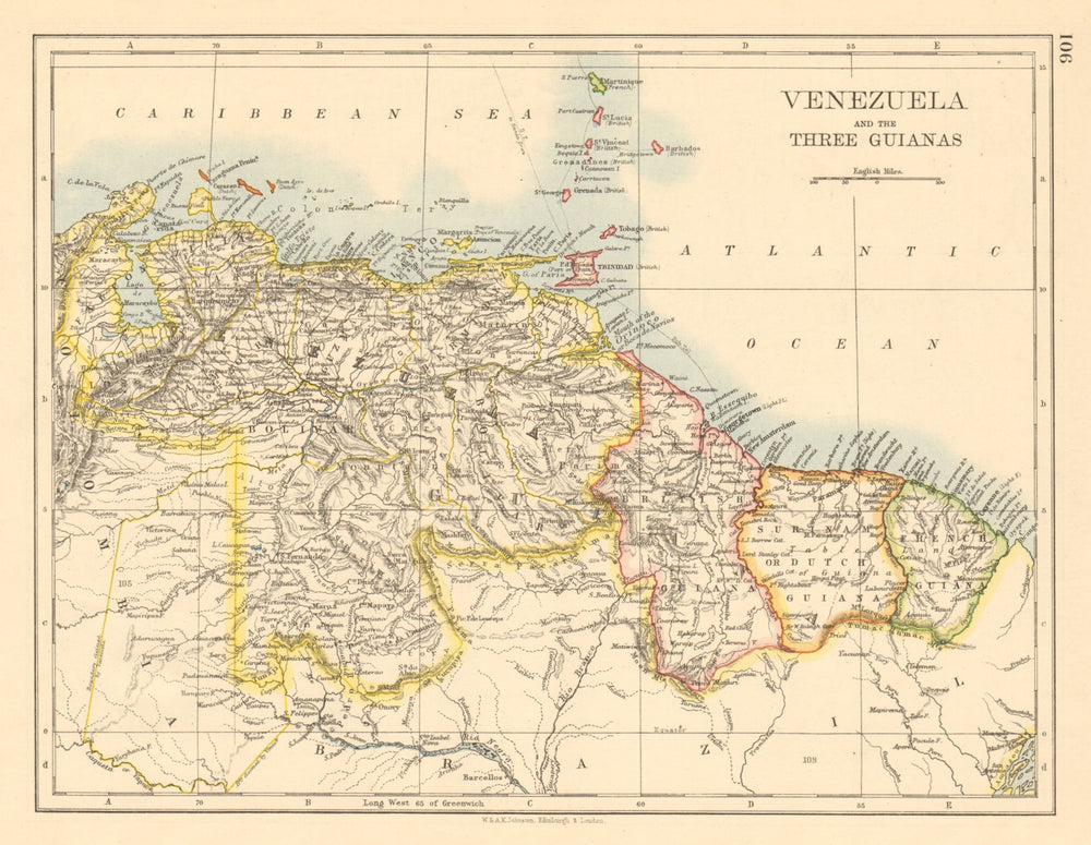 VENEZUELA / GUIANAS Suriname British French Dutch Guyana JOHNSTON 1892 old map