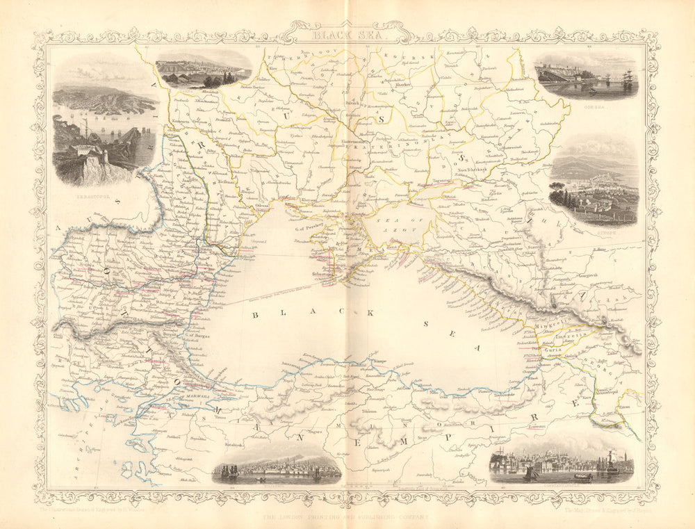 BLACK SEA Istanbul Odessa Sevastopol Sinop Varna views. TALLIS / RAPKIN 1860 map