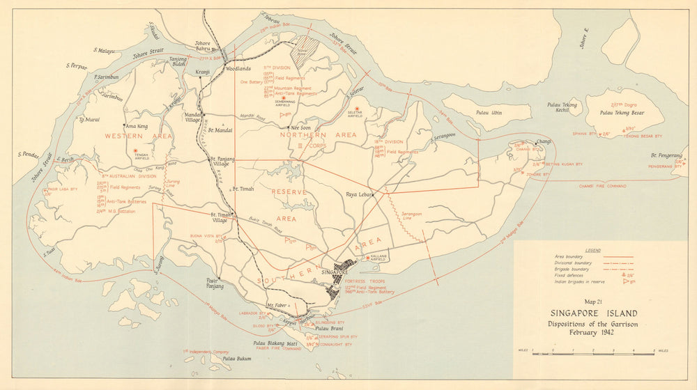 Singapore Island, dispositions of the garrison February 1942 1957 old map