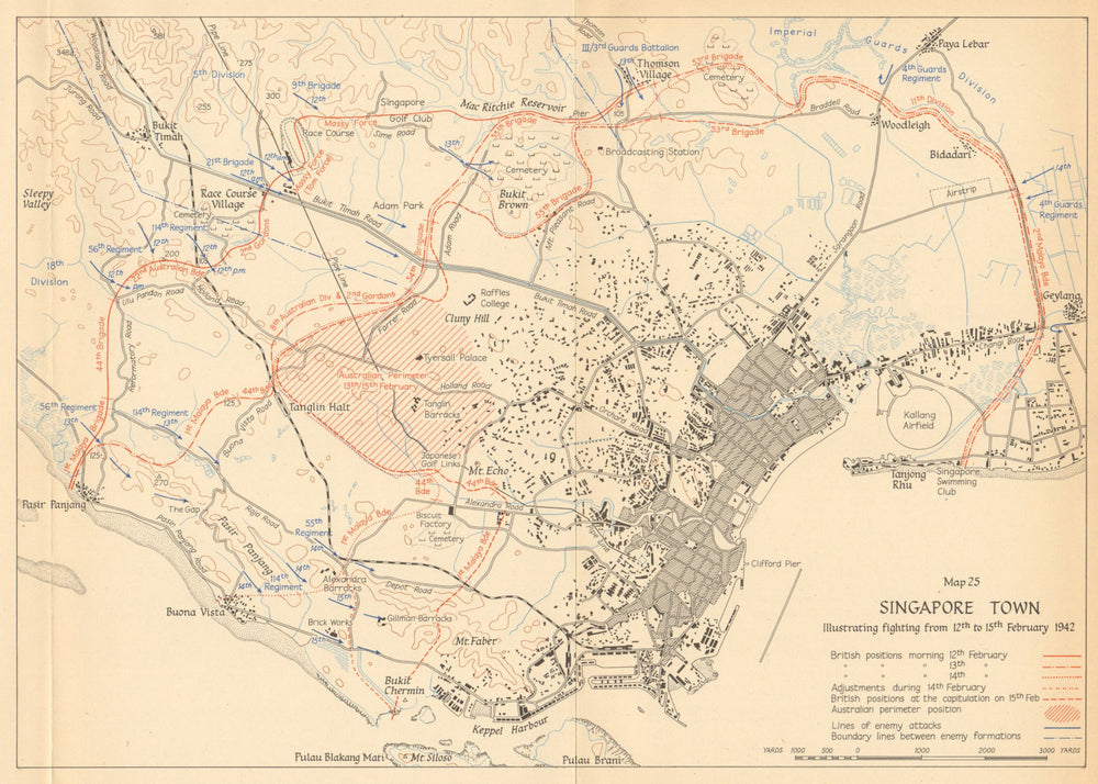 Battle of Singapore. Town city. 12th to 15th February 1942 1957 old map
