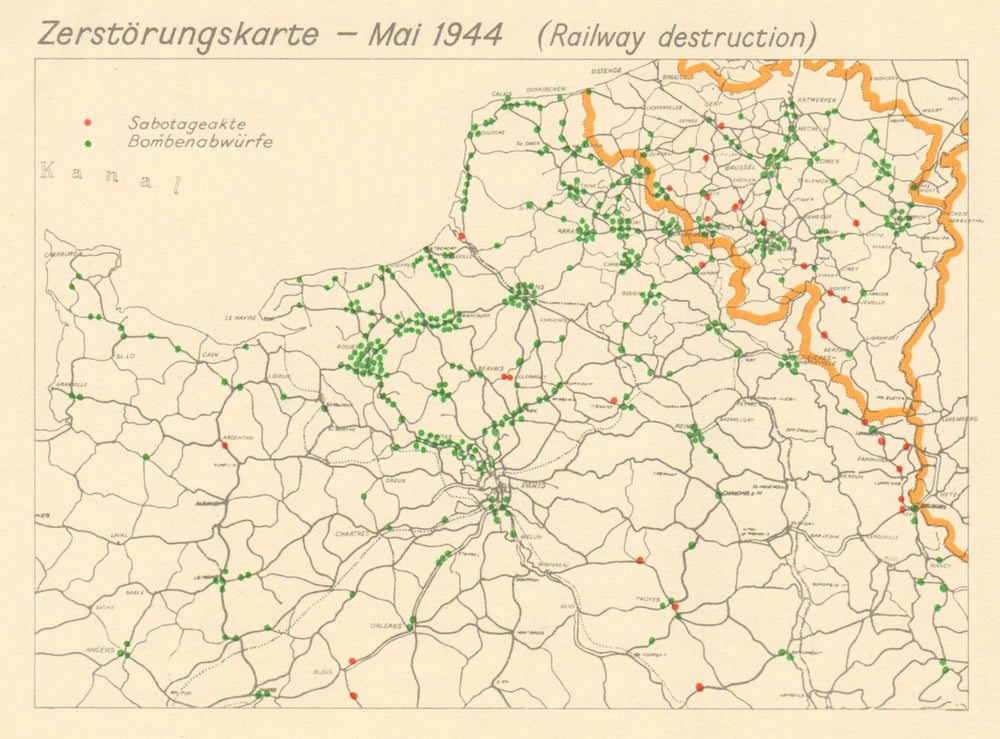 Zerstörungskarte May 1944. France Belgium Railway Destruction. D-Day 1962 map