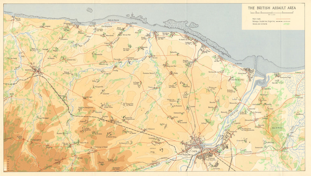 D-Day June 1944 British Assault Area. Caen Bayeux Gold Juno Sword beach 1962 map